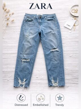 Zara Embellished Distressed Jeans Sz 4 Studded Light Wash Denim